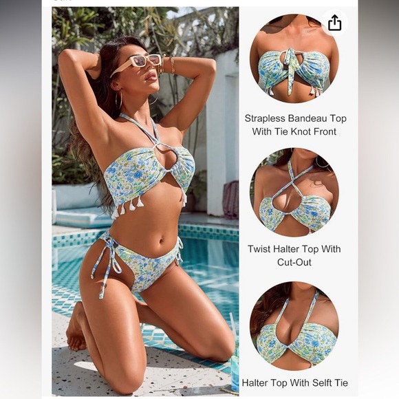 COPY - Blooming Jelly Floral Bikini Set Halter top with Fringes Cheeky High Cut… - Picture 3 of 11